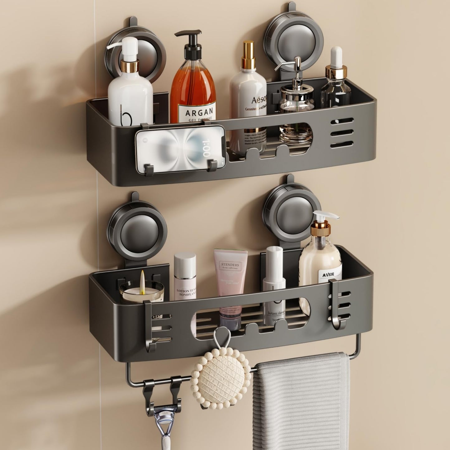Voldra Shower Caddy Suction Cup, Adhesive Bathroom Shelves Shower Storage Wall Mounted Aluminum Bathroom Caddy Stick on Shower Organiser Rack With 4