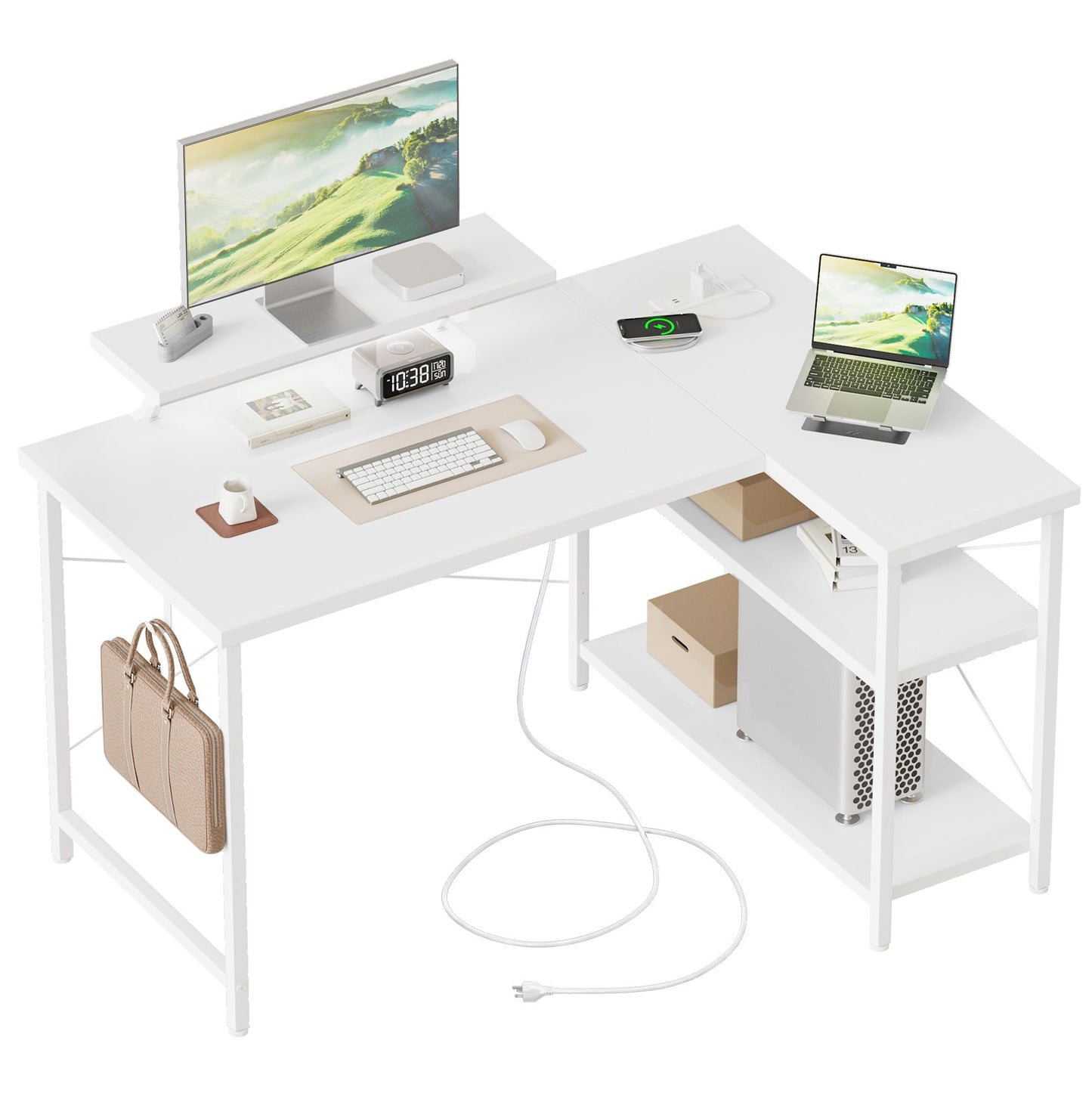 Mericonia Reversible Corner Desk, w. Led & Power Outlets, 100x70cm, White