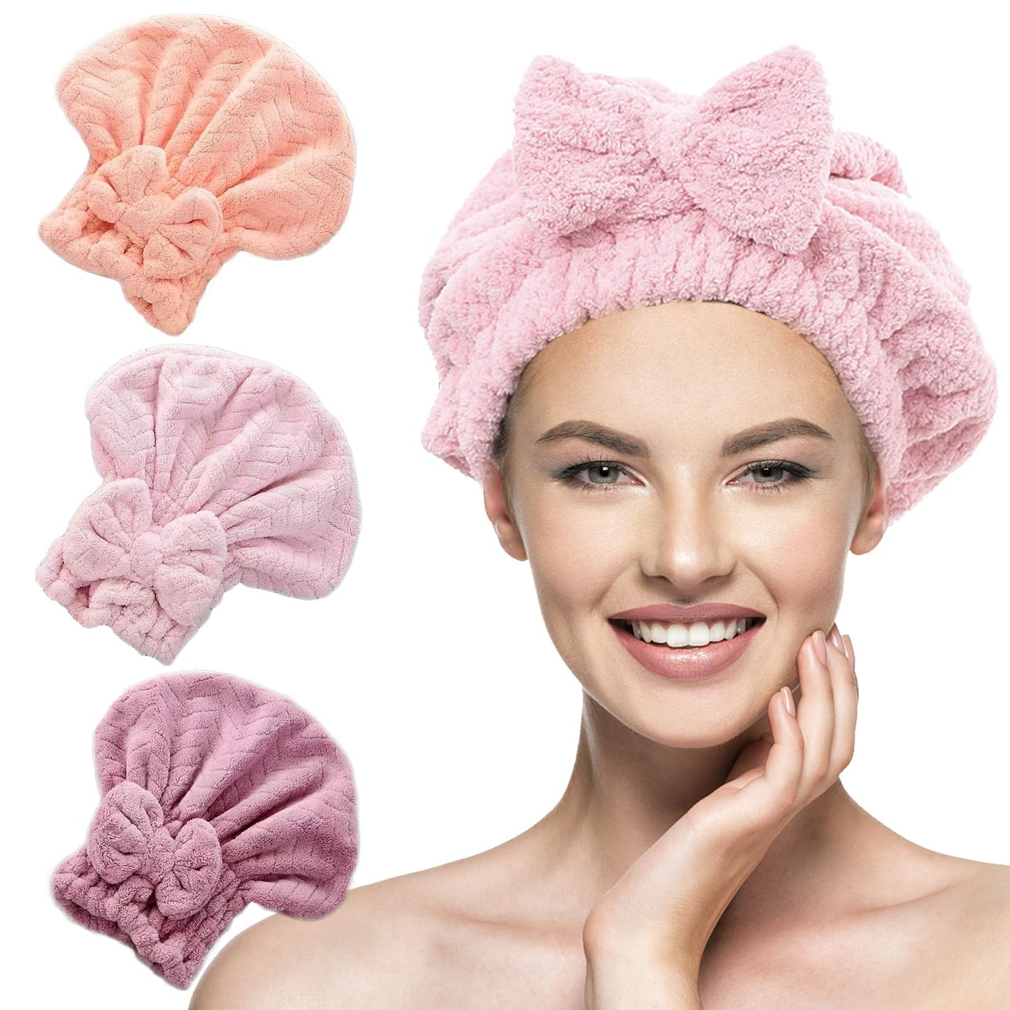 DKDDSSS 3 Pack Microfiber Hair Drying Towels, Hair Drying Cap, With Bow-Knot Shower Cap, Super Absorbent