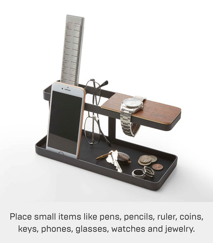 YAMAZAKI 2300 TOWER Desk Organizer, Black, Steel/Wood, Minimalist Design, 24.5 x 9.7 x 11.3 cm LxWxH