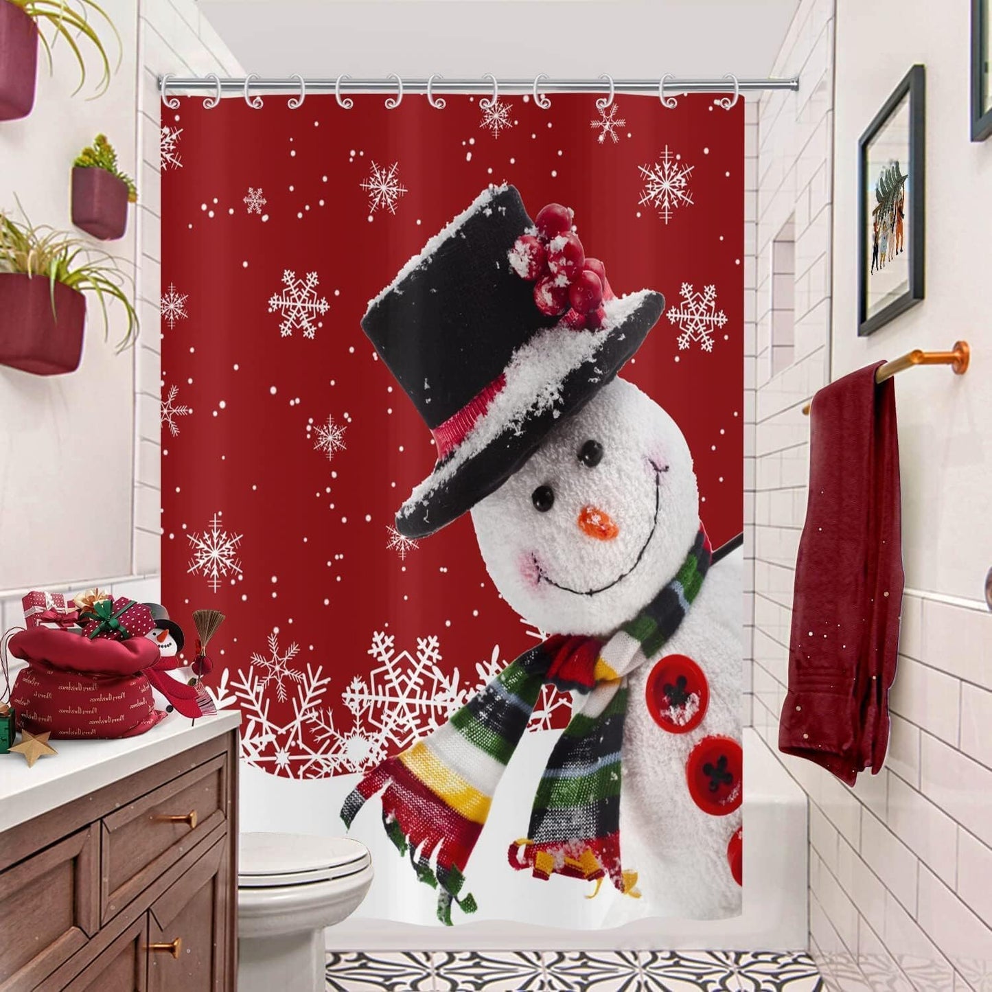 GCIREC Christmas Snowman Shower Curtain, Red Funny Christmas Snowman White Snowflake New Year Winter Bathroom Curtain Home Xmas Decor Waterproof