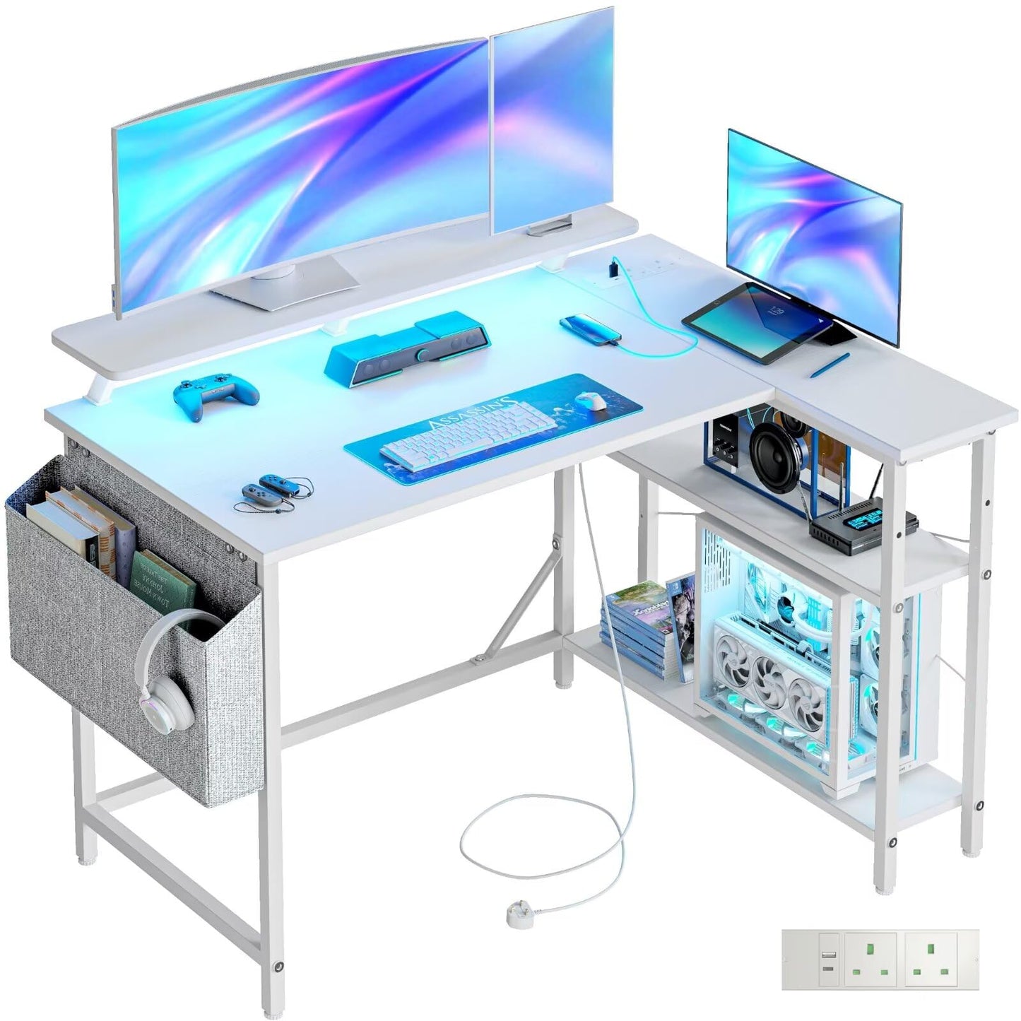 DOMSHOCT L Shaped Gaming Desk with LED Lights & Power Outlets, 100 * 80cm Small Corner Computer Table with Storage Bag & Adjustable Shelves & Large