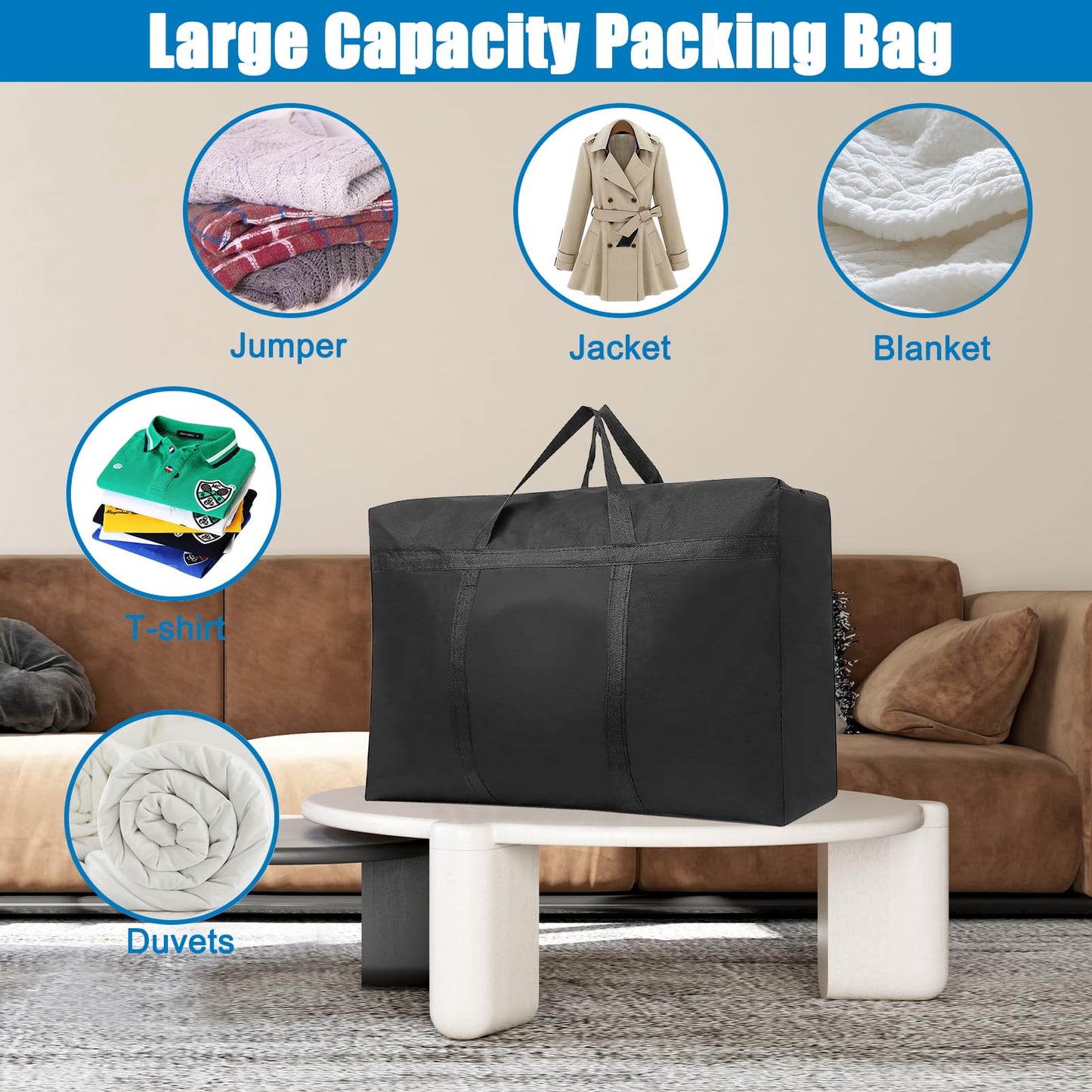 IETWATE 2PCS Large Storage Bags with Zips, 180L Moving Bags Extra Large Strong, Waterproof Clothes Storage Bag
