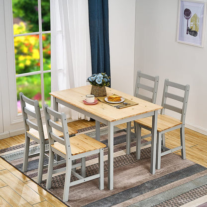 Panana Pine Wood Dining Table and 4 Chairs Set, 5-Piece Home Kitchen Furniture Set Natural Grey