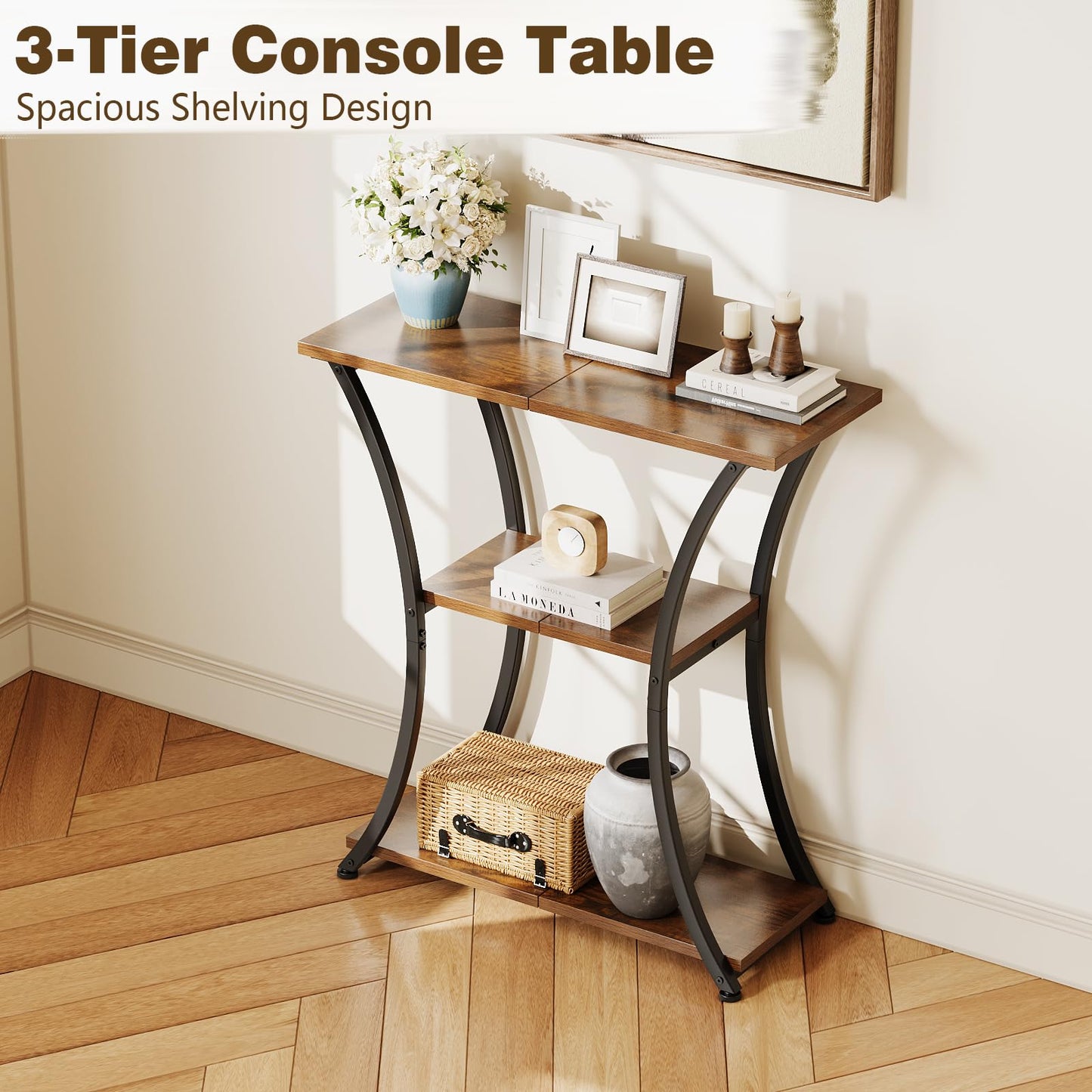 Trironsun Rustic Narrow Console Table with 3 Tiers, Slim Hallway Table with Curved Metal Frame and Open Shelves