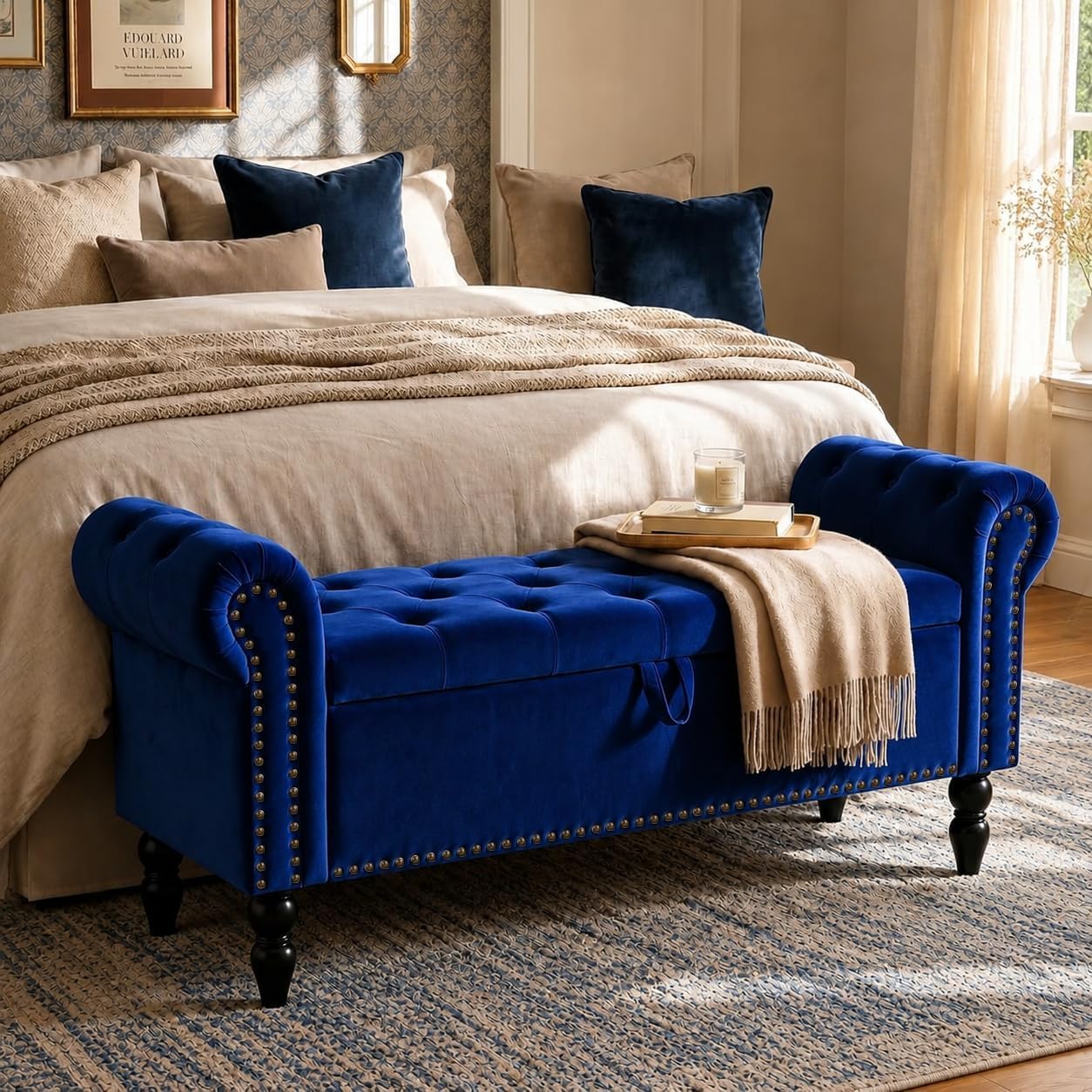 Clevich Ottoman Storage Bench, Velvet End of Bed Storage Box with Lid, Sturdy Wood Legs Footrest, 168KG Load Capacity
