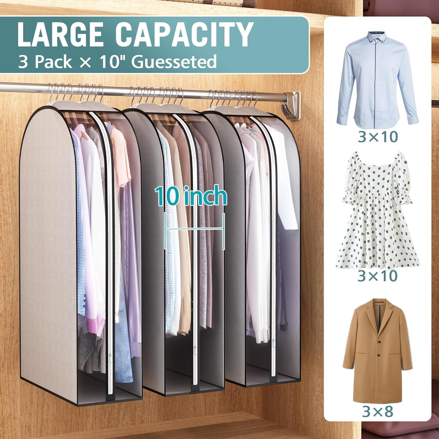 Blueshake 10" Gusseted Garment Bags For Hanging Clothes, 40" Garment Bags For Storage,Side Clear Garment Covers For Coats, Jackets, Sweaters, Jacket