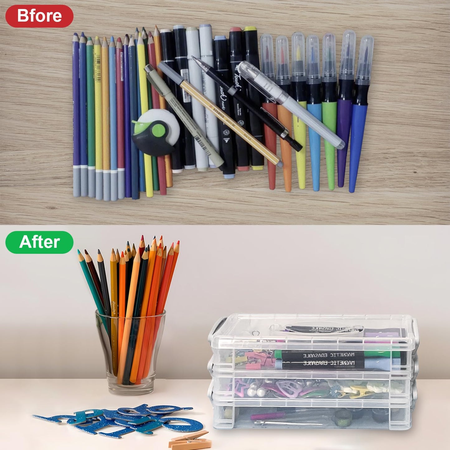 DARUITE Pencil Case with Lid, 3 Tier Plastic Pencil Box with Handle