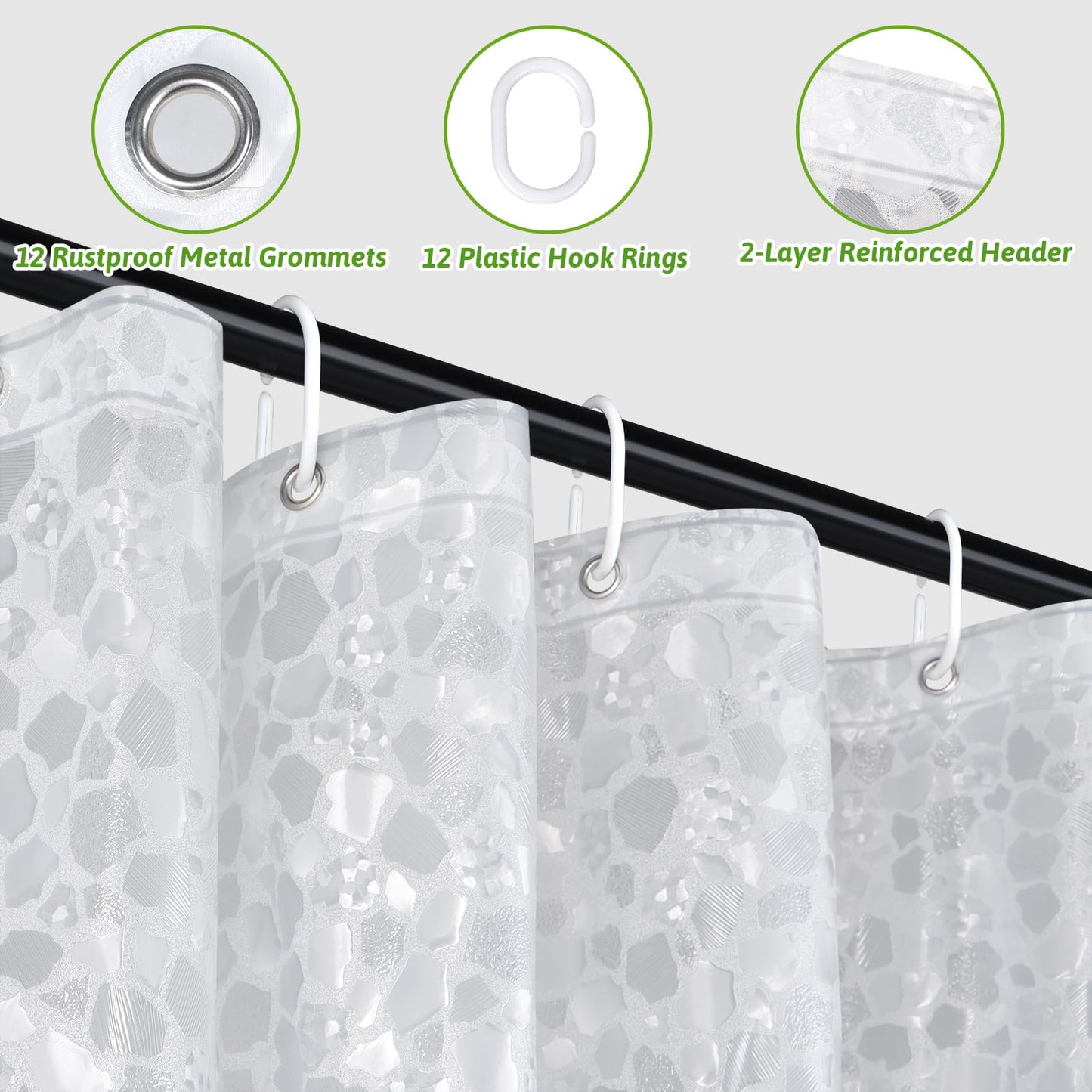Minicoco PEVA Shower Curtain Mould Proof Mildew Resistant Waterproof Shower Curtains for Bathroom with Magnets and 12 Hooks Clear 3D Pebble Bathroom