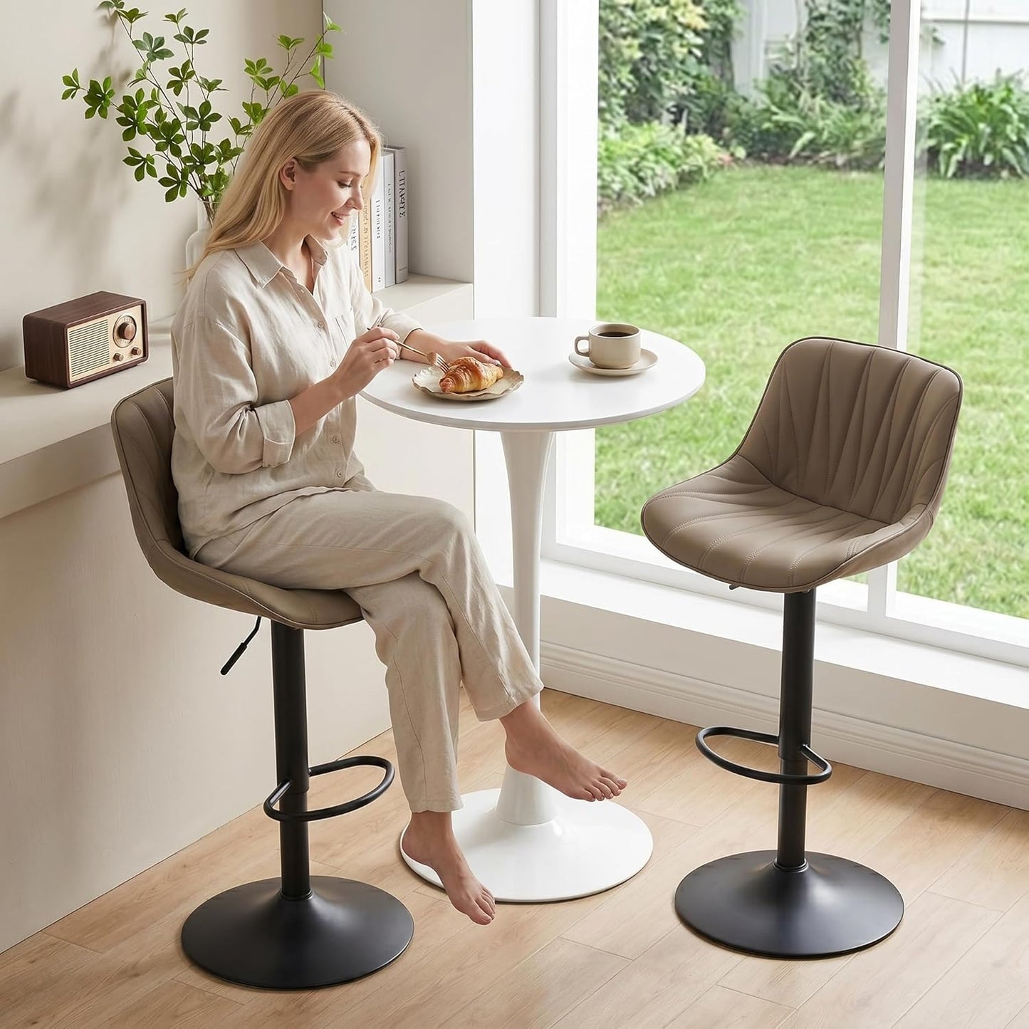 YOUNIKE Bar Stools Set of 2, Swivel Barstools with Back, Khaki