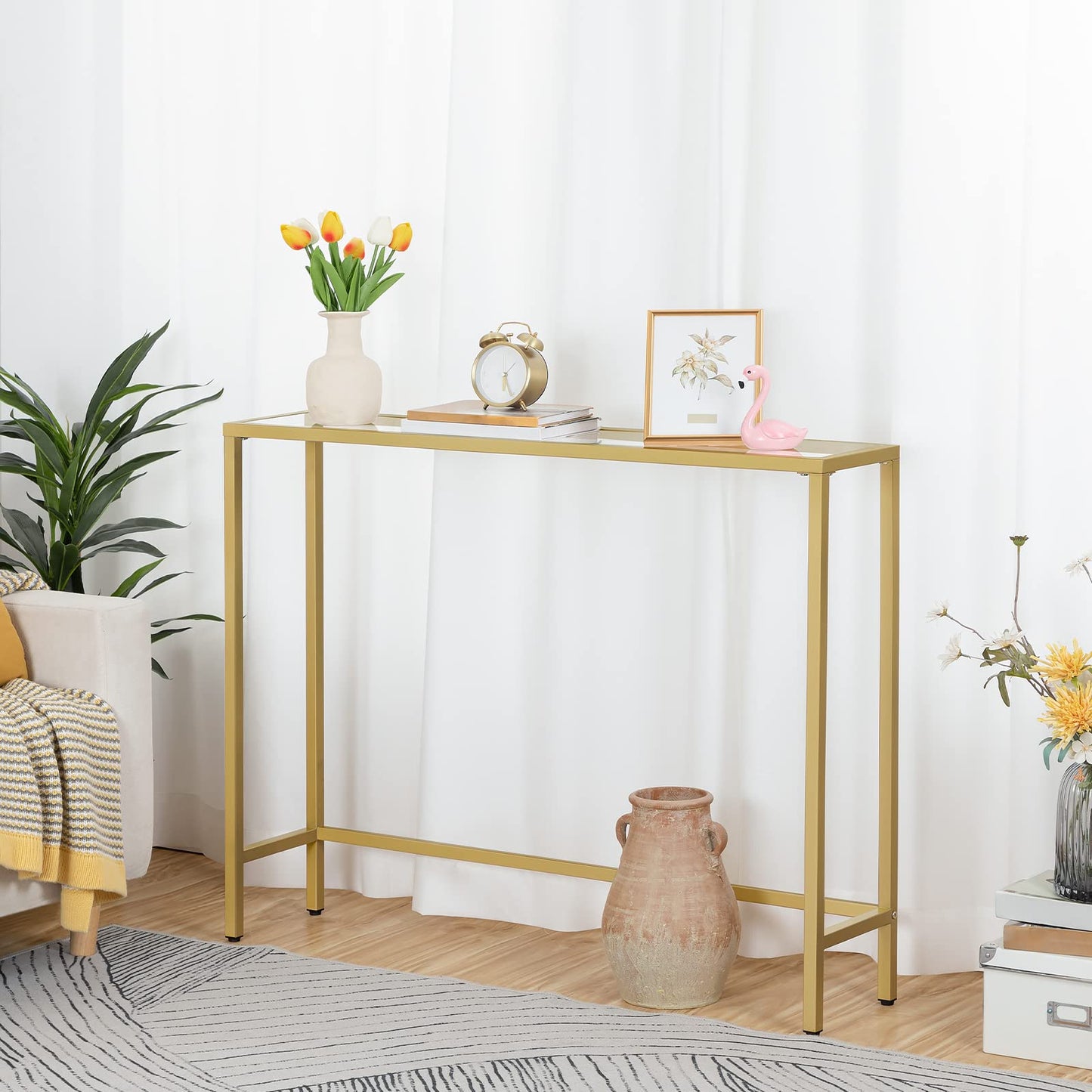 HOOBRO Gold Console Table for Hallway Slim, 100 cm Tempered Glass Sofa Table, Slim Hallway Table, Glass Console Table, Modern Display Table for Living