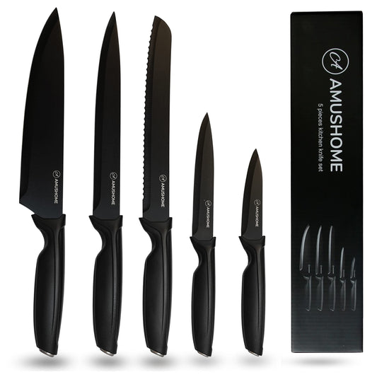 AMUSHOME Kitchen Knife Set of 5 Stainless Steel Sharp Kitchen Knives Set with Ergonomic Handle Include Paring, Utility, Bread and Chef Knife Set