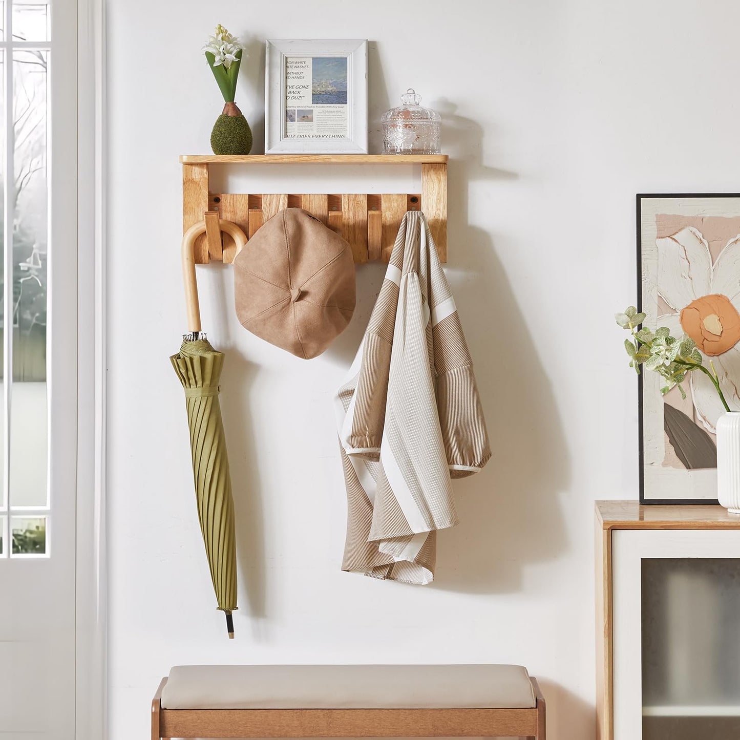 YMYNY Piano Key Coat Hooks Wall Mounted with Shelf, Natural, HWS008N