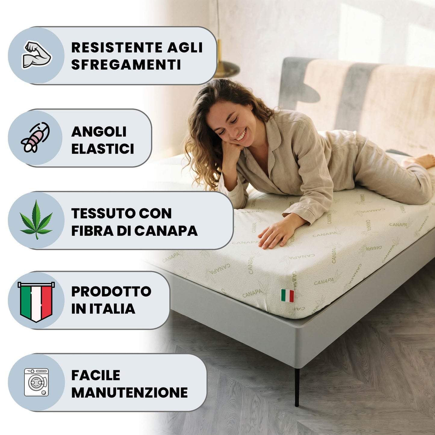 MB HOME ITALY, Mattress cover, Hemp, Single 90x200 cm