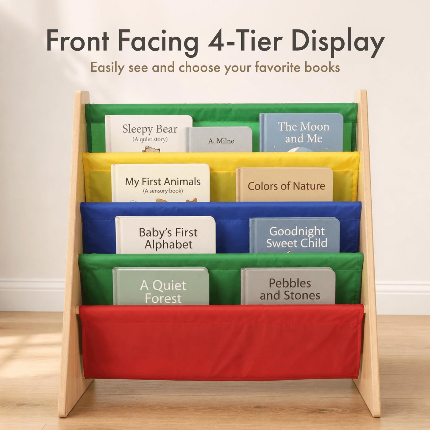Humble Crew Primary Wooden Bookshelf for Children, 4 Tier Book Storage Organiser with Deep Fabric Pockets