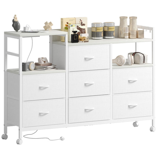 Lutown-Teen Large Chest of Drawers with Charging Station, Fabric Dresser for Bedroom on Wheels, Cabinet Stand for 32 Inch TV with Open Storage Shelf