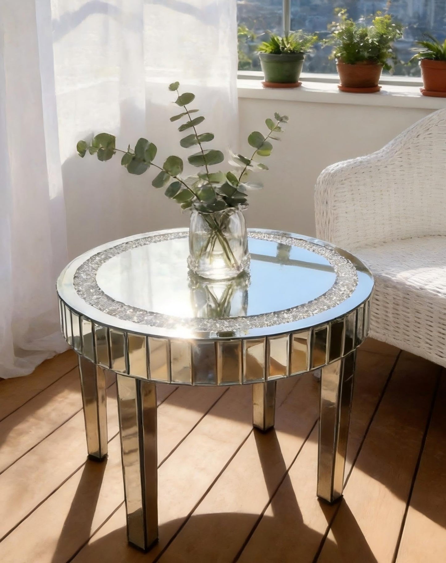 Artloge Mirrored Coffee Table Round Glass : 60 x 50cm Silver Glass Coffee Table Embedded Glitter Crushed Diamond Edge Frame and Crystal Mirror
