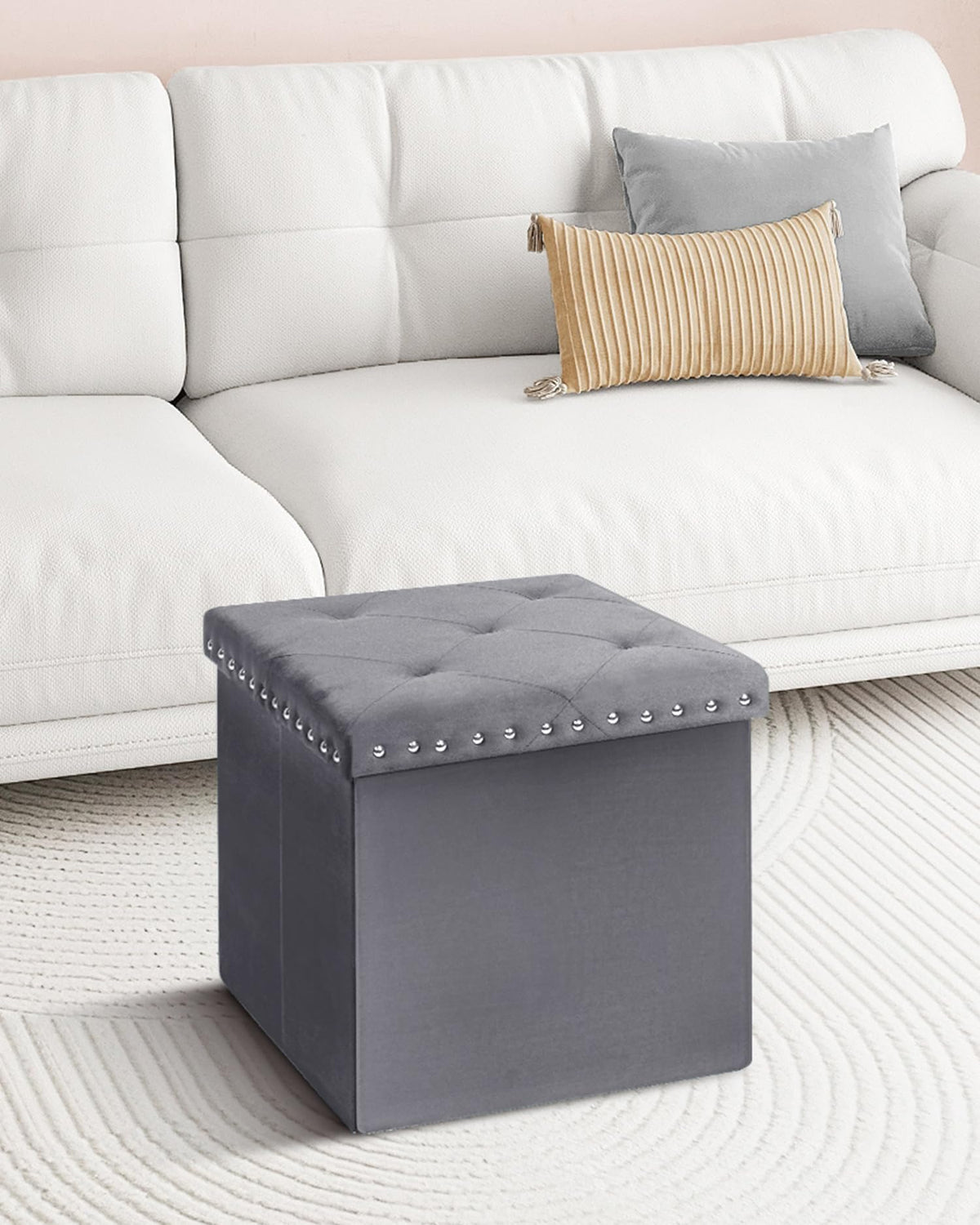 Bonlife Velvet Ottoman Storage, Folding Coffee Table with Seat,Grey,40cm