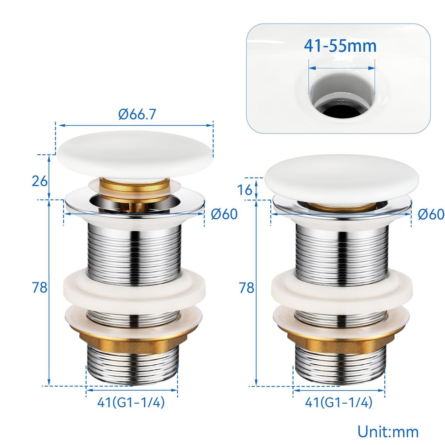 KULACO Drain Fitting Sink Without Overflow, Pop Up Valve Drain Valve Made of Brass, Ceramic Drain Fitting Washbasin White
