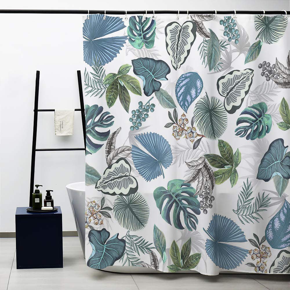 Obal Tree Leaves Shower Curtain, Blue Grey Green Foliage White Background Bath Curtains Water Resistant Mould Free Polyester Fabric Heavy Weight Home
