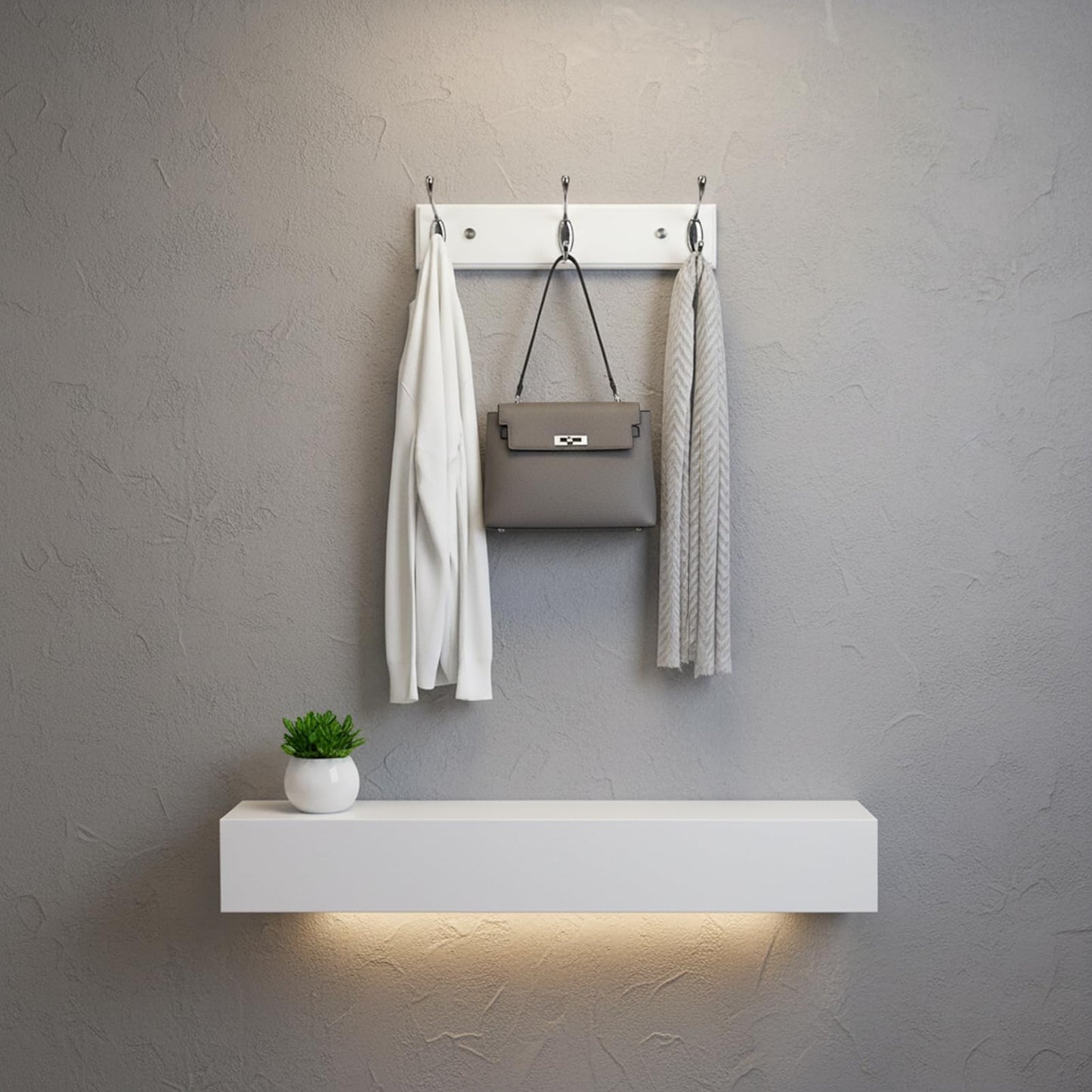 Lomejii Wooden Wall Coat Rack with 3 Silver Hooks, 31 cm, Strong Hook Rail for Hat, Bag, Large Modern Coat Rack for Entrance, Hallway, Bedroom, White
