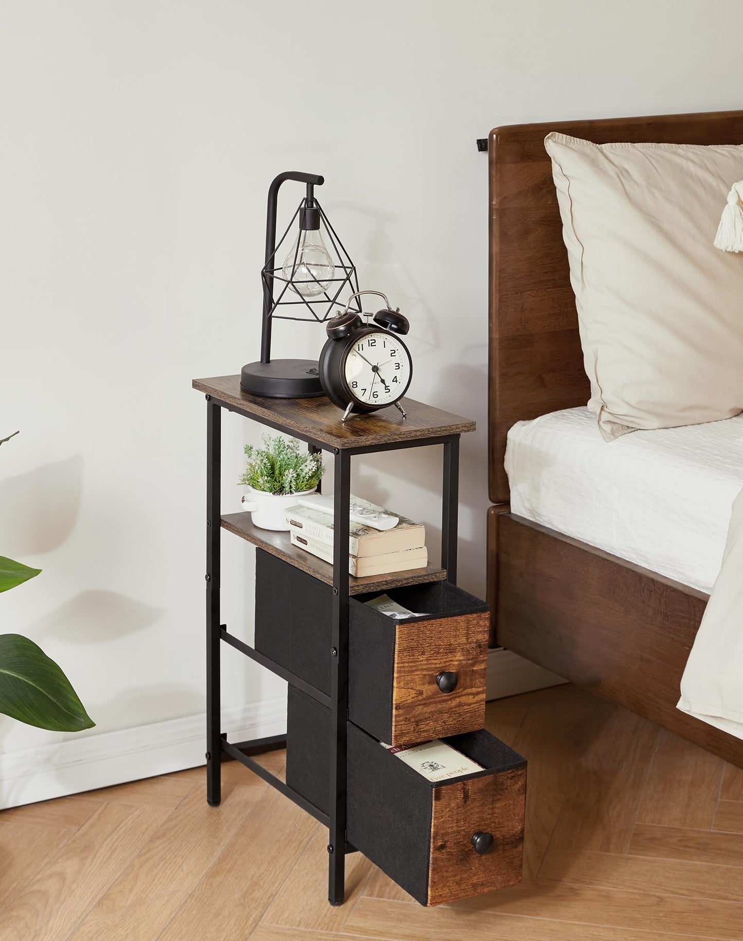 YMYNY Narrow Side Table Set of 2, Slim Bedside Table with 2 Fabric Drawers, Nightstand for Small Spaces