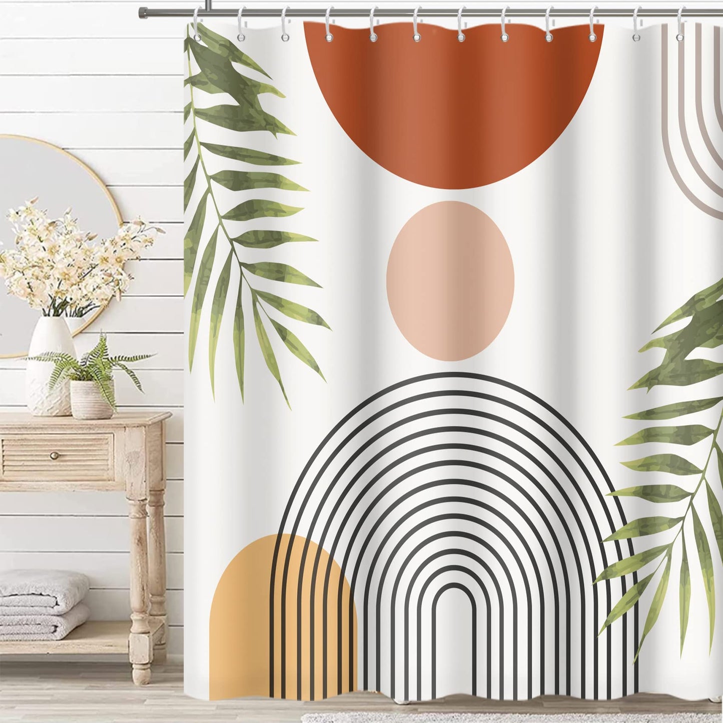 MIRRORANG Boho Abstract Geometric Shower Curtain with 12 Hooks, Mid Century Fabric Shower Curtain for Bathroom,Leaves Plant Modern Shower Curtain