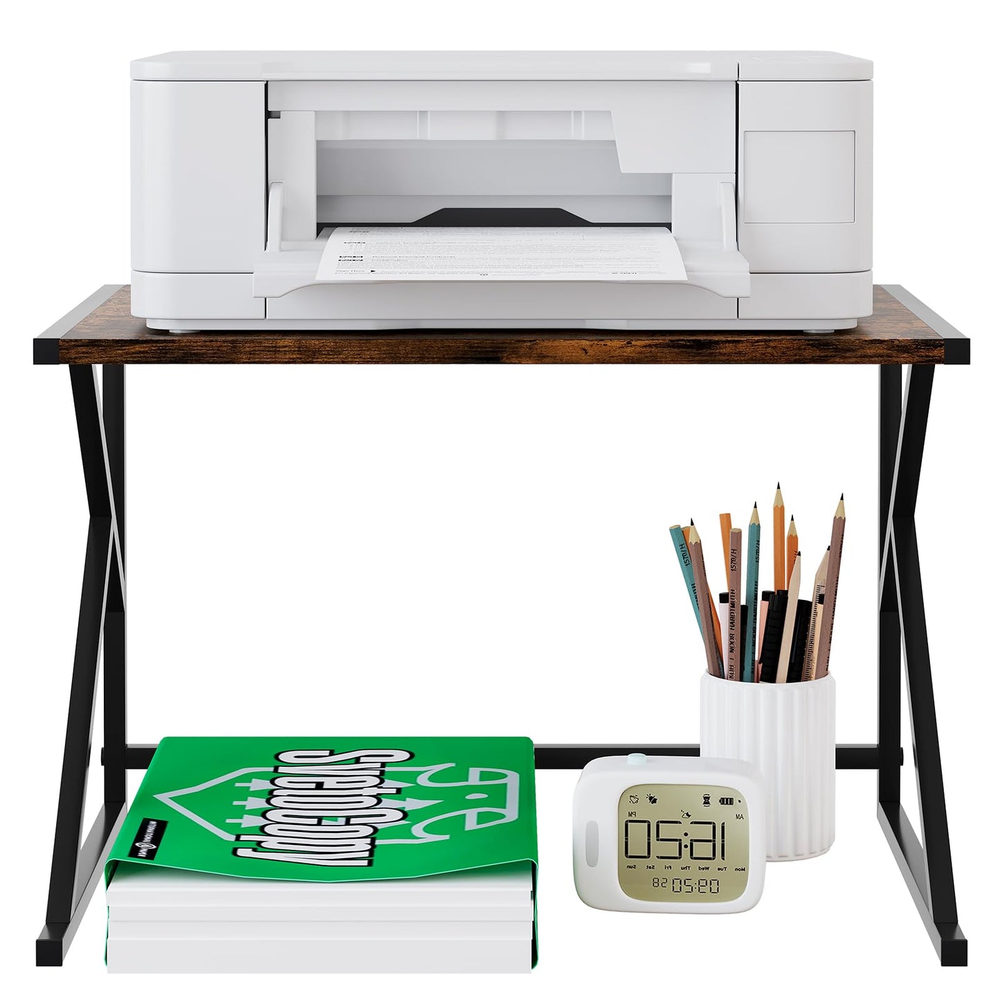 EasyPAG Metal Wood Desktop Printer Stand,Office Storage Shelves for Printer & Fax,Desk Organiser for Home,Brown