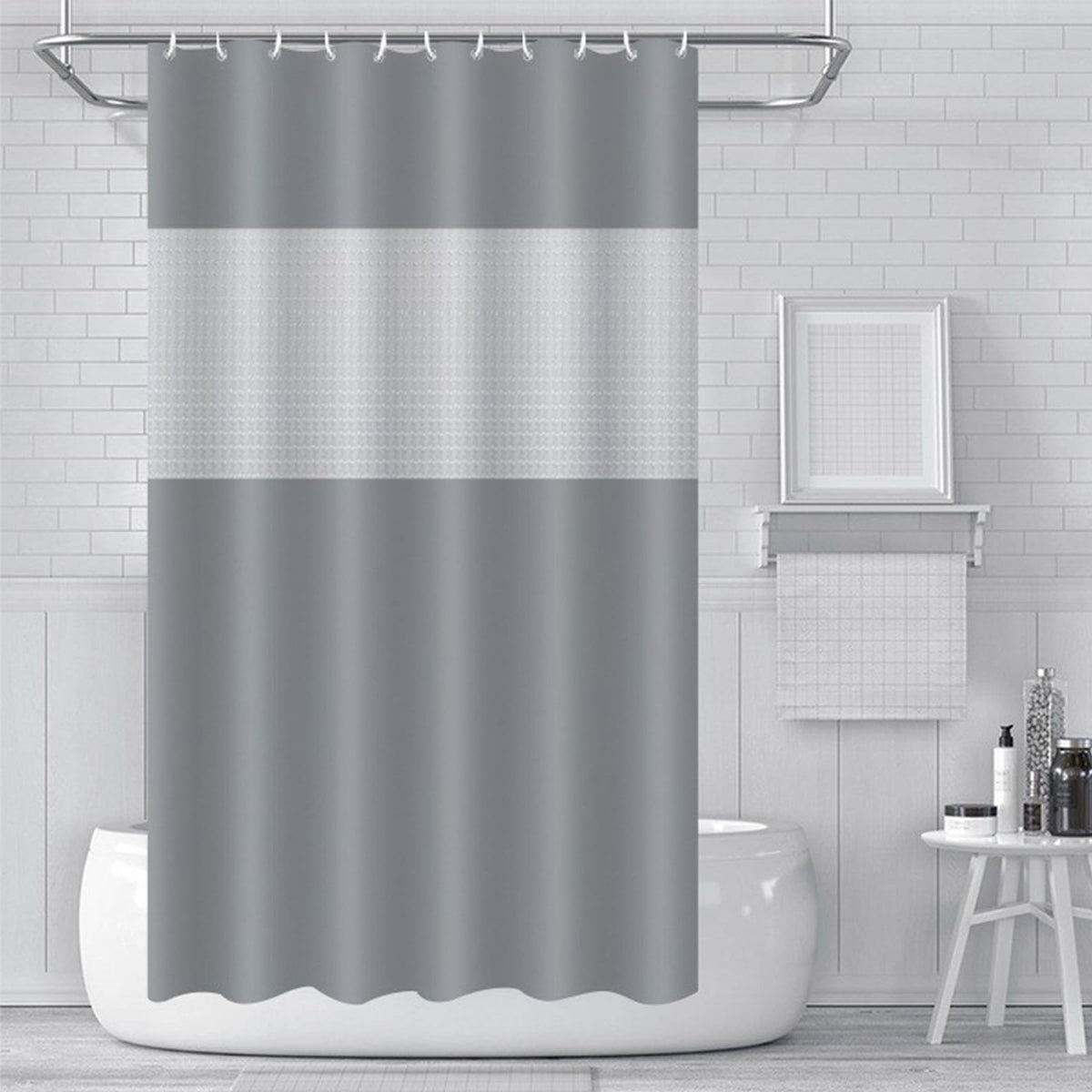 ECO Shower Curtain 180x180cm, Spliced Grey PEVA Waterproof Heavy Duty With 3 Magnets, 12 Plastic Hooks