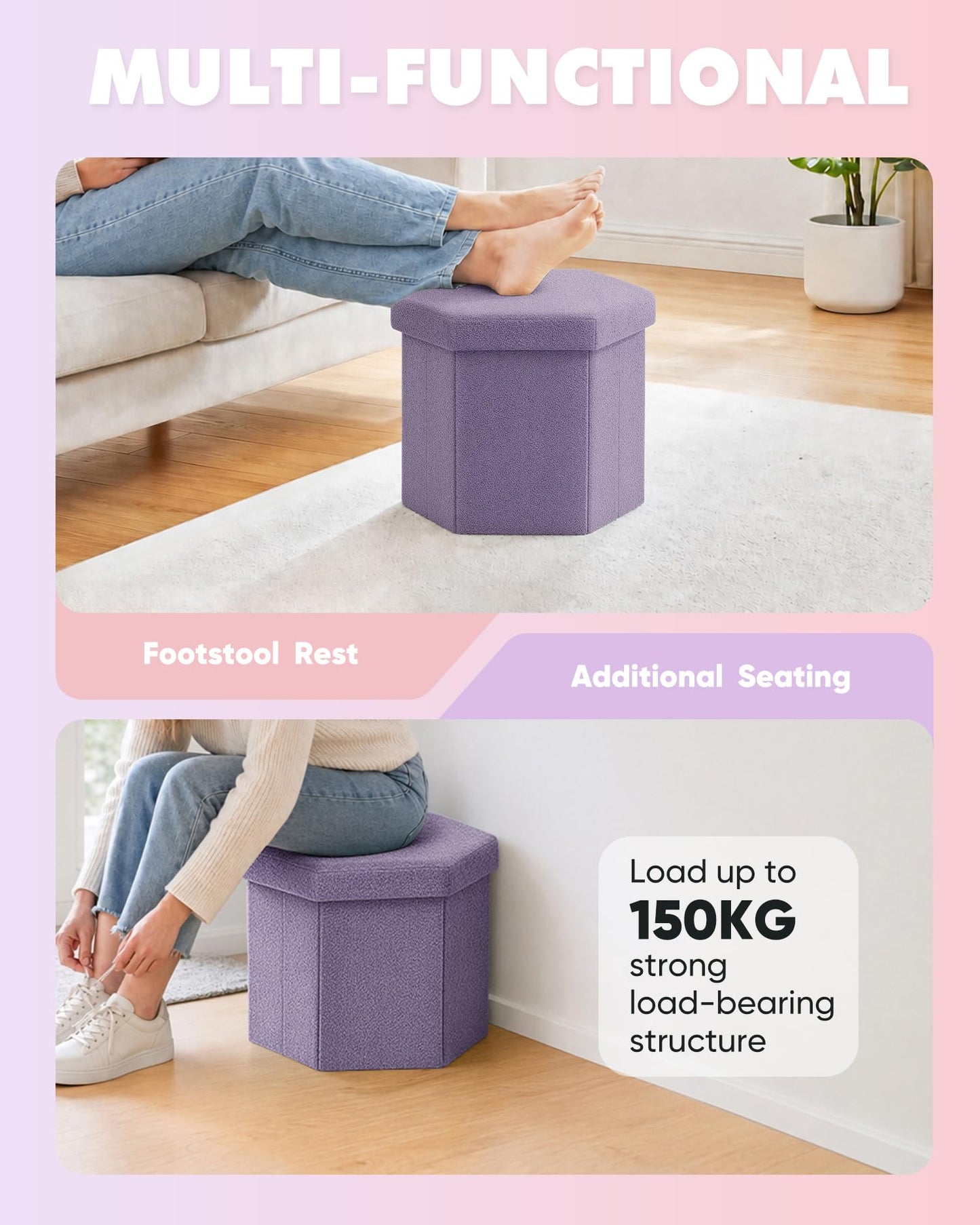 Bonlife Folding Storage Ottoman Hexagonal, Footrest with Toy Ches Box, 43cm
