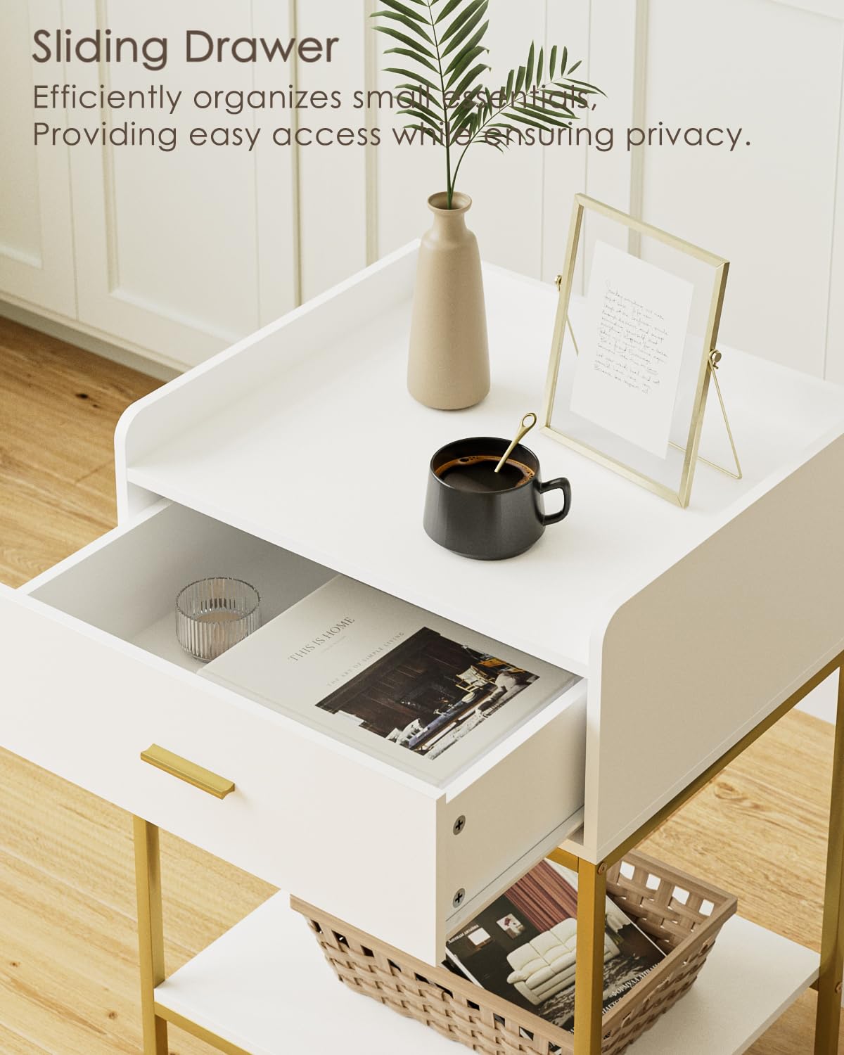 HEYZOEY Bedside Table, 3-Tier Bedside Cabinet with Storage Drawer and Open Shelf, Small End Side Table with Gold Legs for Bedroom, Living Room