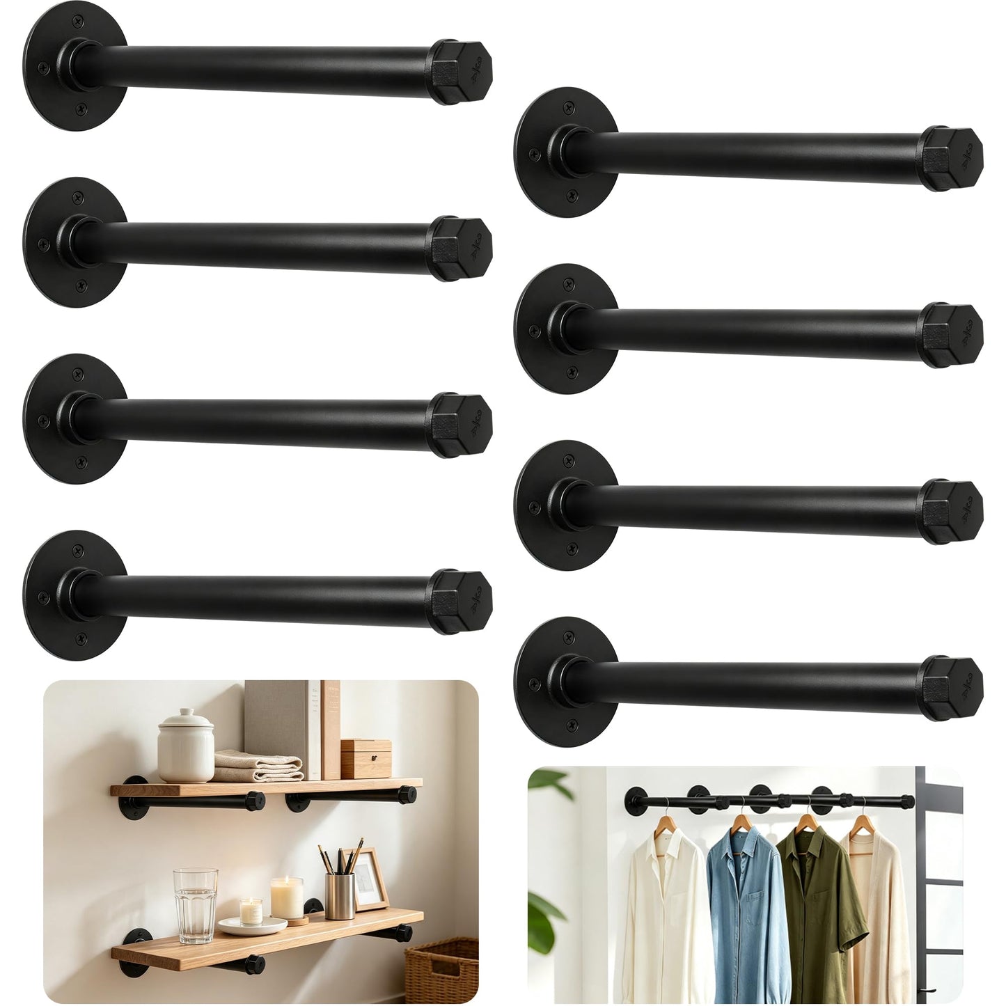 aleawol 8pcs Industrial Pipe Clothes Bar 12 Inch Wall Mounted Clothing Rack