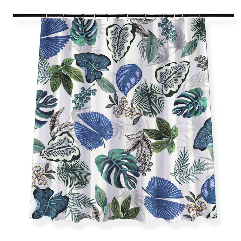Obal Tree Leaves Shower Curtain, Blue Grey Green Foliage White Background Bath Curtains Water Resistant Mould Free Polyester Fabric Heavy Weight Home