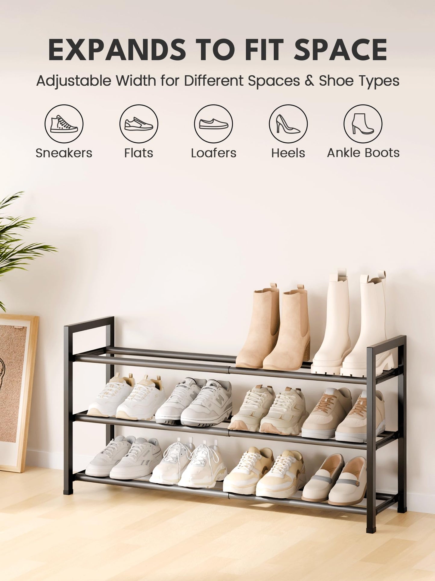 Bumusty 3 Tier Expandable Shoe Rack, Black