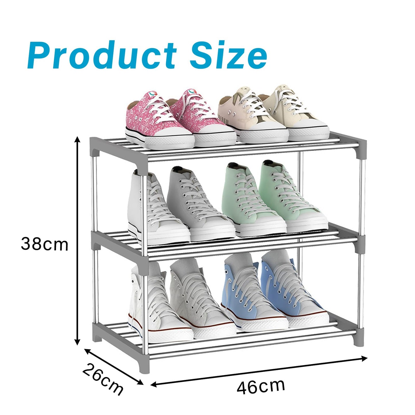 huipinghu Stackable 3 Tier Slim Shoe Rack - Space Saving Footwear Storage Organiser with Quick Assembly - Grey, for Hallway & Bedroom