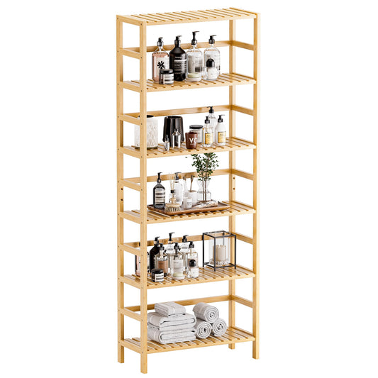 HITNET Bamboo Shelf, 6-Tier Adjustable Tall Open Bookcase, Bathroom Storage Rack Freestanding Shelving Unit, Plant Display Stand for Small Space,