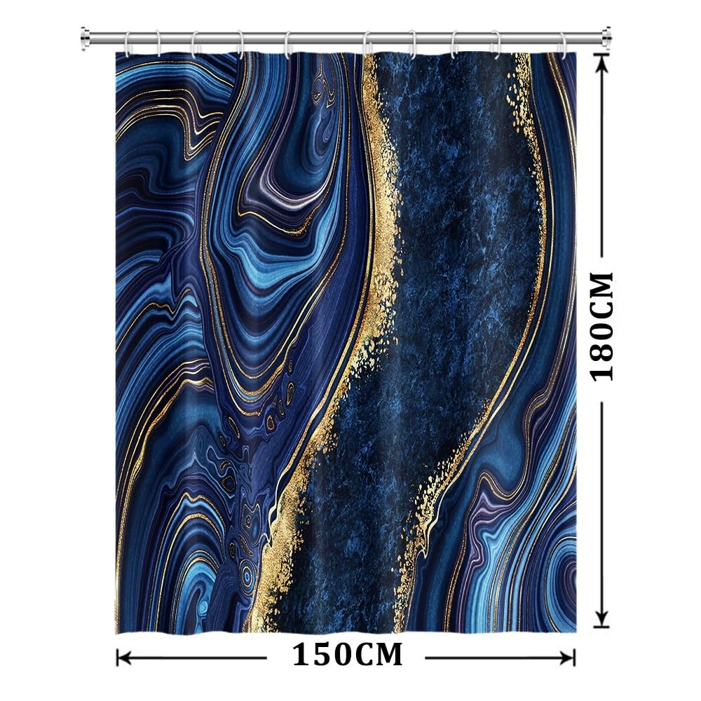 Xiaoterna Marble Fabric Shower Curtain Navy Blue And Gold Marble Neutral Color Waterproof Bathroom Curtains Modern Luxury Mildew Resistant Machine
