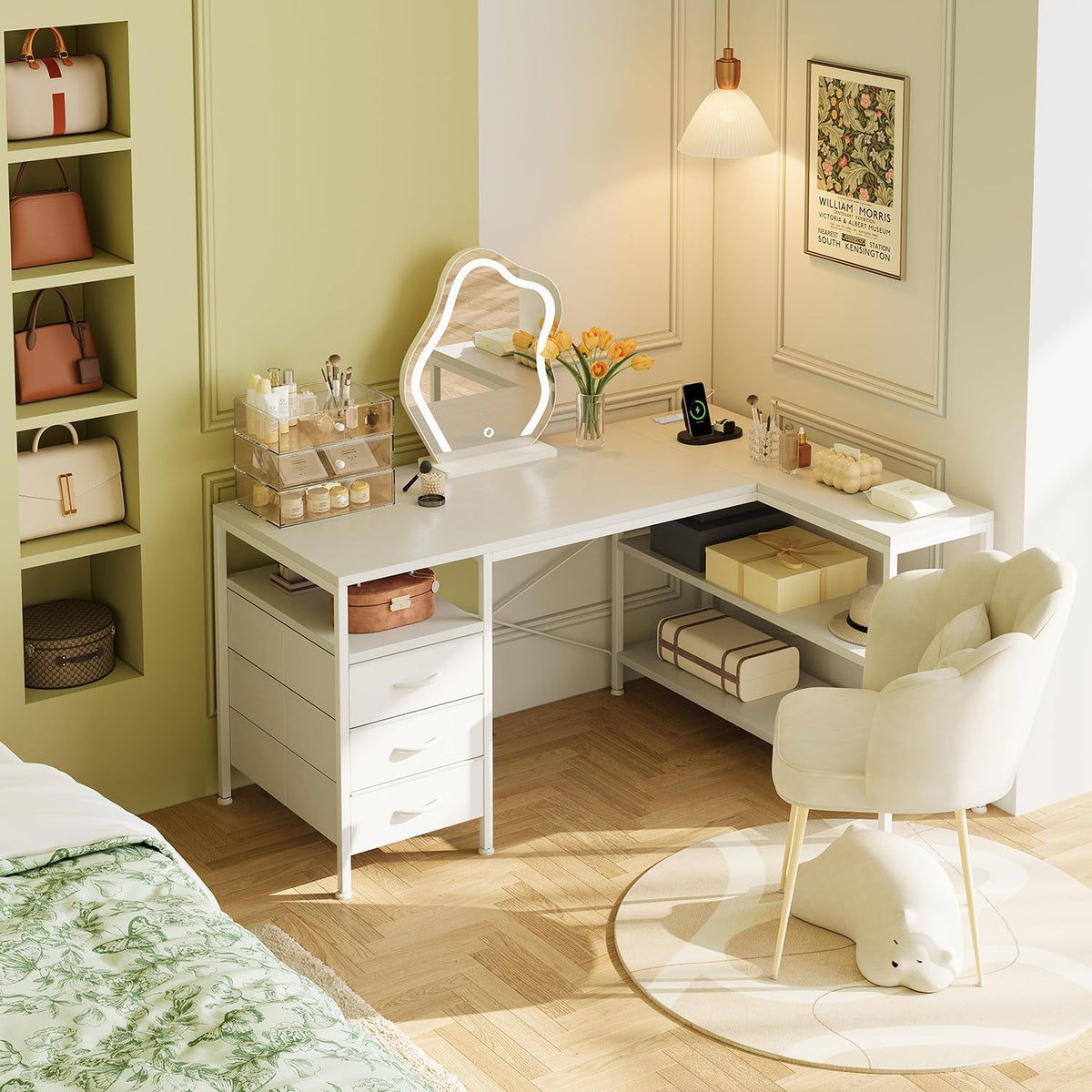 CAIYUN 120cm Corner Desk with Drawers, Reversible L shaped Computer Desk with Power Outlet, Home Office Desk with USB Charging Port, White