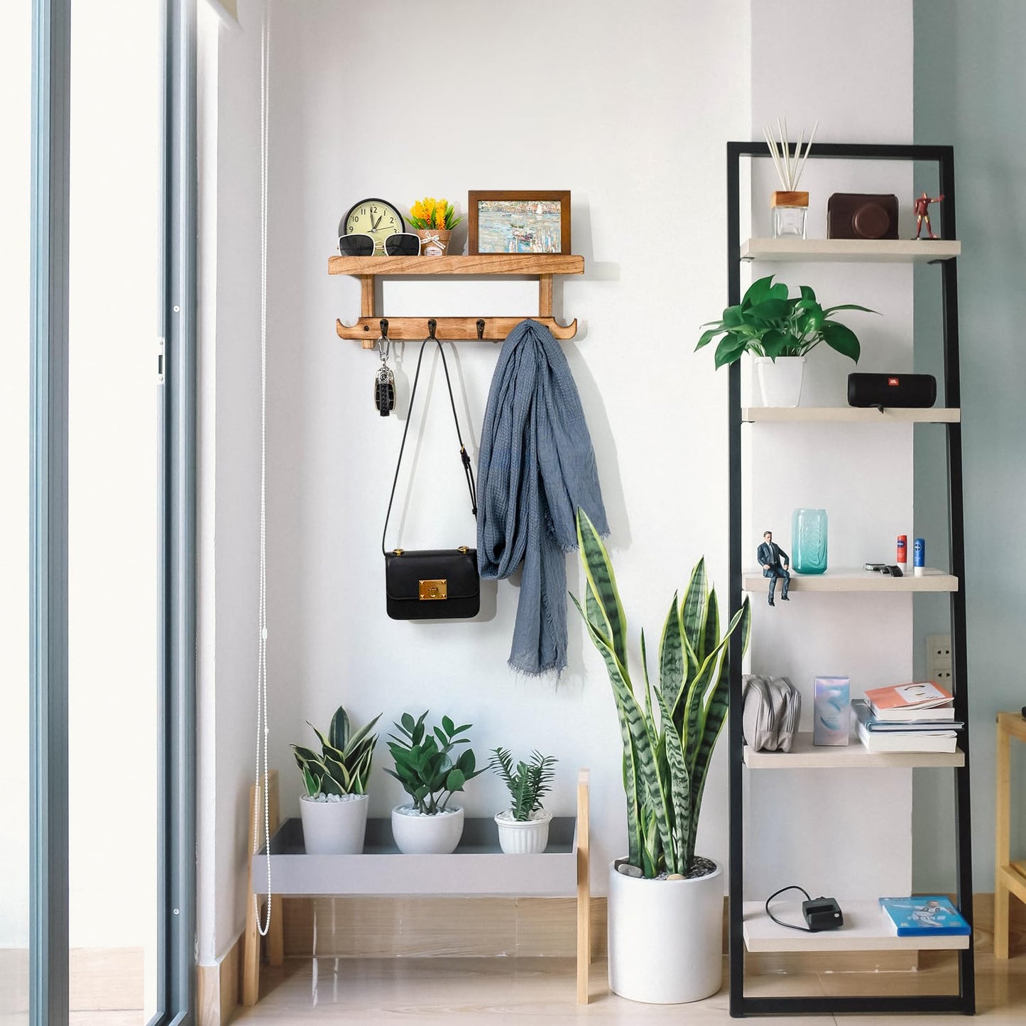 Emfogoo Coat Hooks Wall Mounted, Wood Coat Rack Wall Mount Shelf with Hooks, Farmhouse Wall Coat Rack with Shelf & Vintage Coat Hook for Entryway