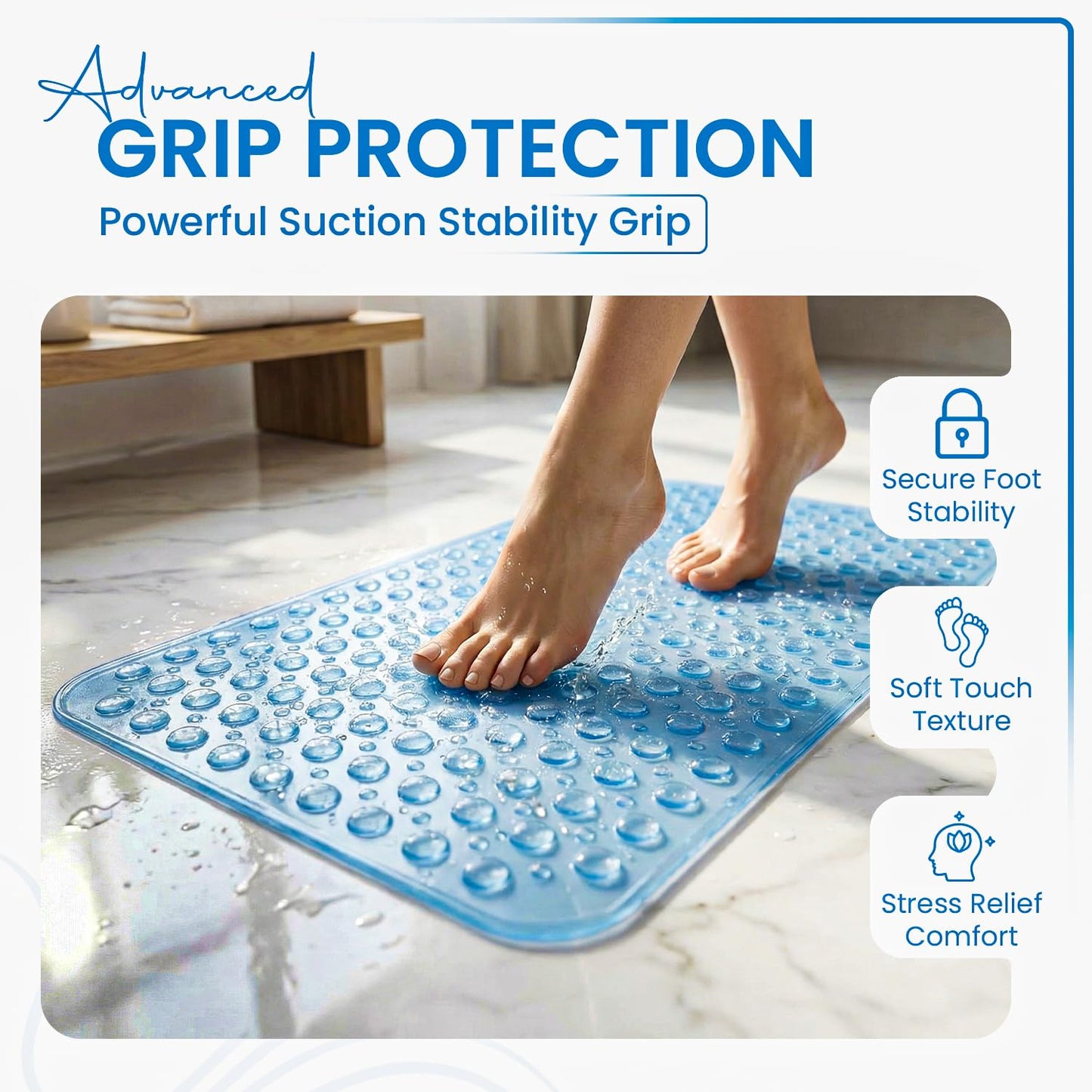 Rugs Garden Shower Bath Mats - Washable Non Slip Anti Mould Rubber Bathmat with Suction Cups for Bathtub and Bathroom (Blue, 53x53 cm)