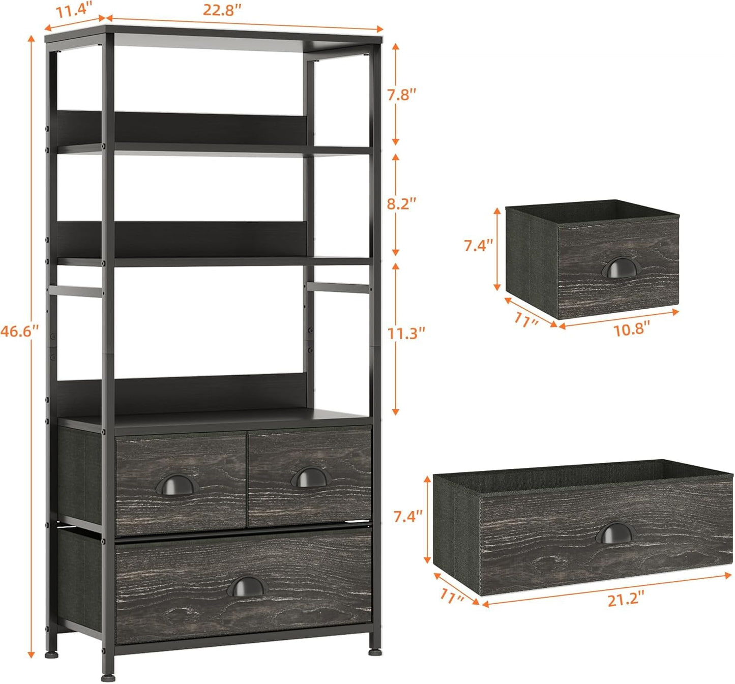 VERMESS 4-Tier Industrial Bookshelf with 3 Fabric Drawers, Storage Shelf, Bookcase with Doors, Adjustable Free Standing Display Shelf
