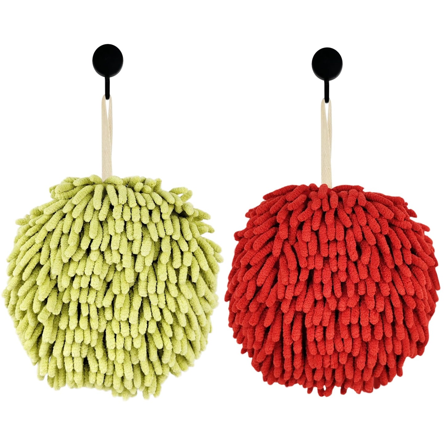 Fuzzy Ball Hand Towels, Set of 2, Chenille Quick Dry, 6.9inch (red+green)
