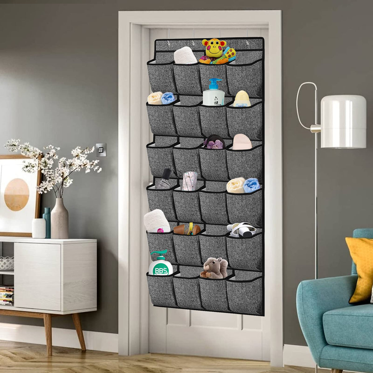 VERONLY Hanging Shoe Rack Storage Over Door Organiser - Hanger Storage Holder Bag Wall Mounted with 24 Large Pockets & 4 Wide Hooks for Closet