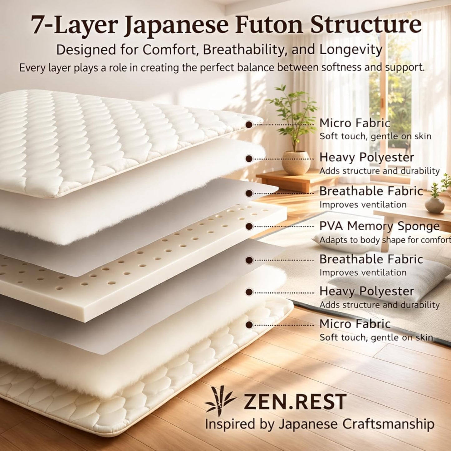Zen.Rest 7 Layer Memory Foam Japanese Futon Mattress with Portable Storage Bag, Foldable Roll Up, Thick Tatami Mat,Floor Lounger Bed