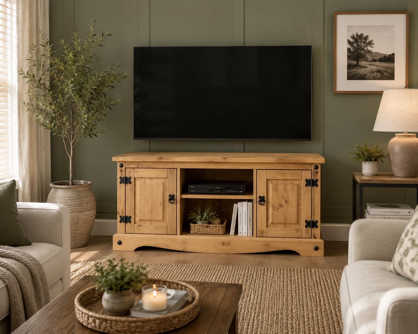Mews Corona TV Stand Flat Screen Entertainment Unit Solid Pine 2 Door Television Cabinet Mexican Waxed