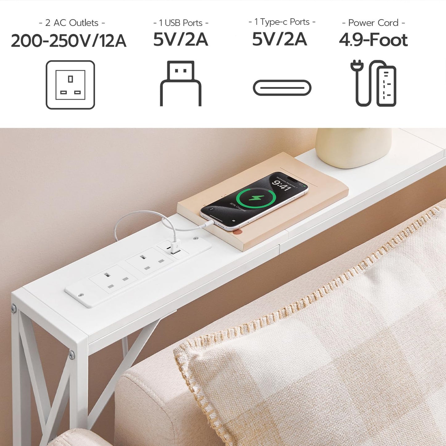 MAHANCRIS Console Table with Charging Station, 100 CM Narrow Sofa Table, Long Entryway Table, Hallway Table with USB Ports