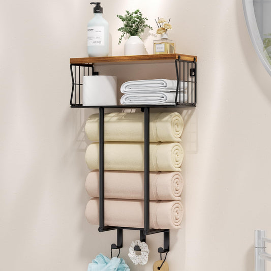 HapiRm Towel Rack Wall Mounted - Multi-Functional Bathroom Towel Storage with Hooks, Space-Saving Bathroom Towel Holder for Bathroom Accessories
