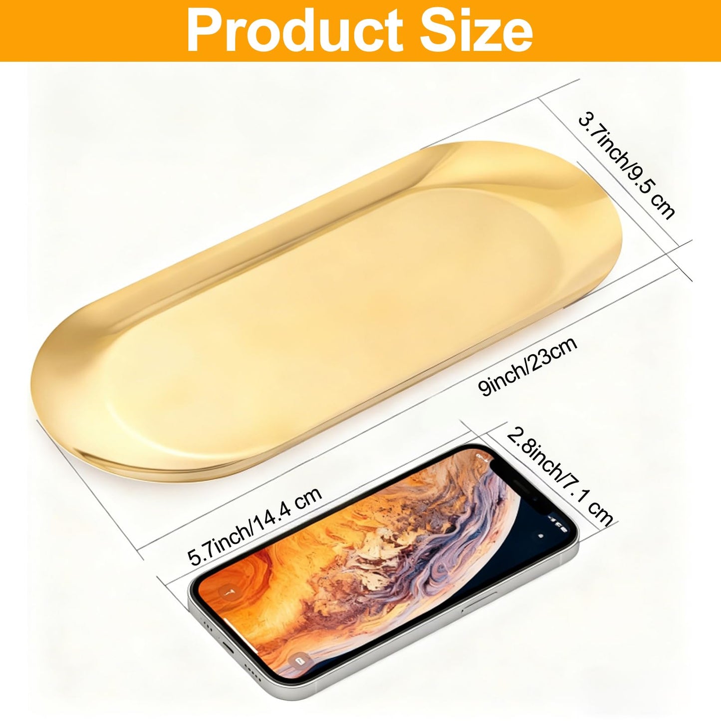 HAFRILY 2Pcs Oval Trinket Dish Stainless Steel Gold Tray Elegant Retro Jewellery Perfume Storage Decorative Tray Small Cosmetics Trays for Bedroom