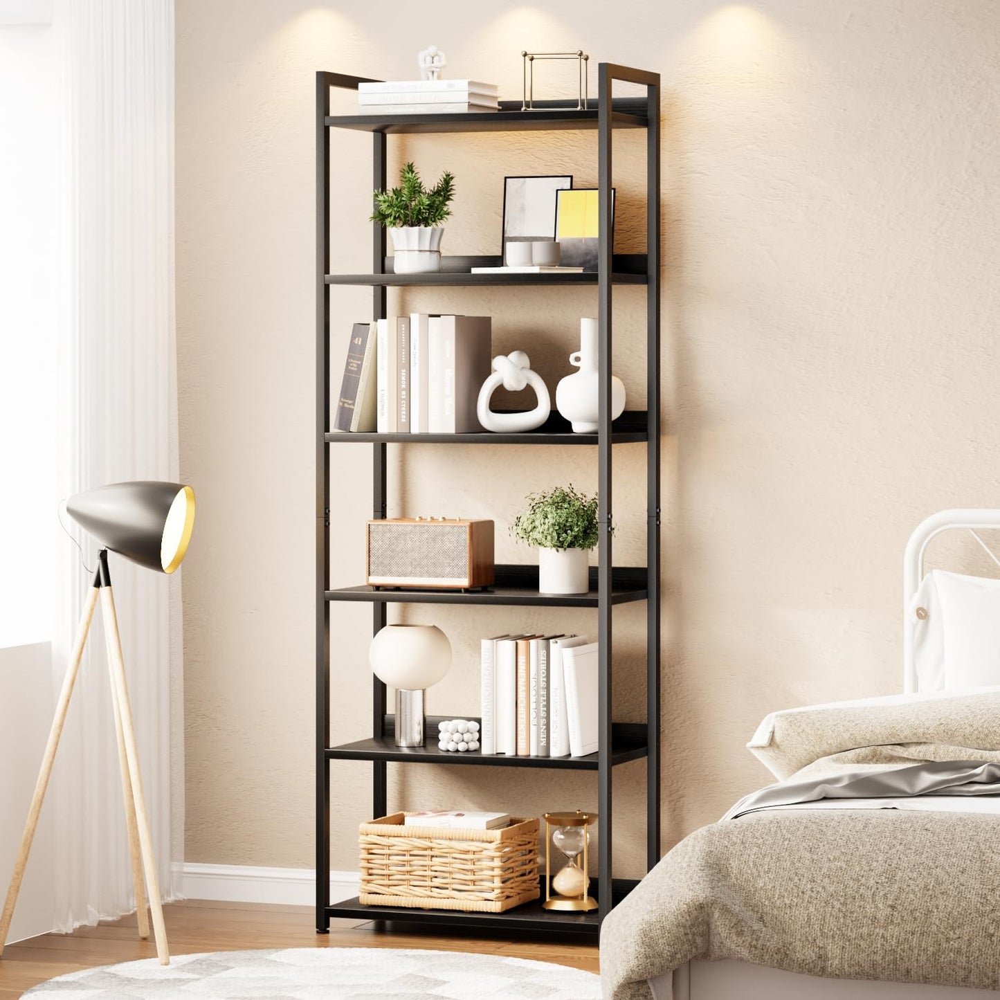 APPOLYN 6 Tier Bookshelf, Open-shelf Bookcase with Backboard, Black