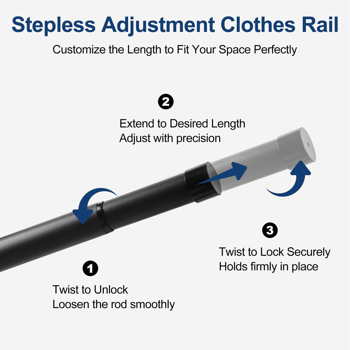 Wardrobe Rail,Extendable Clothes Rails, Stainless Steel adjustable wardrobe pole with Fixing Sockets and Screws for Wardrobe and Cupboard